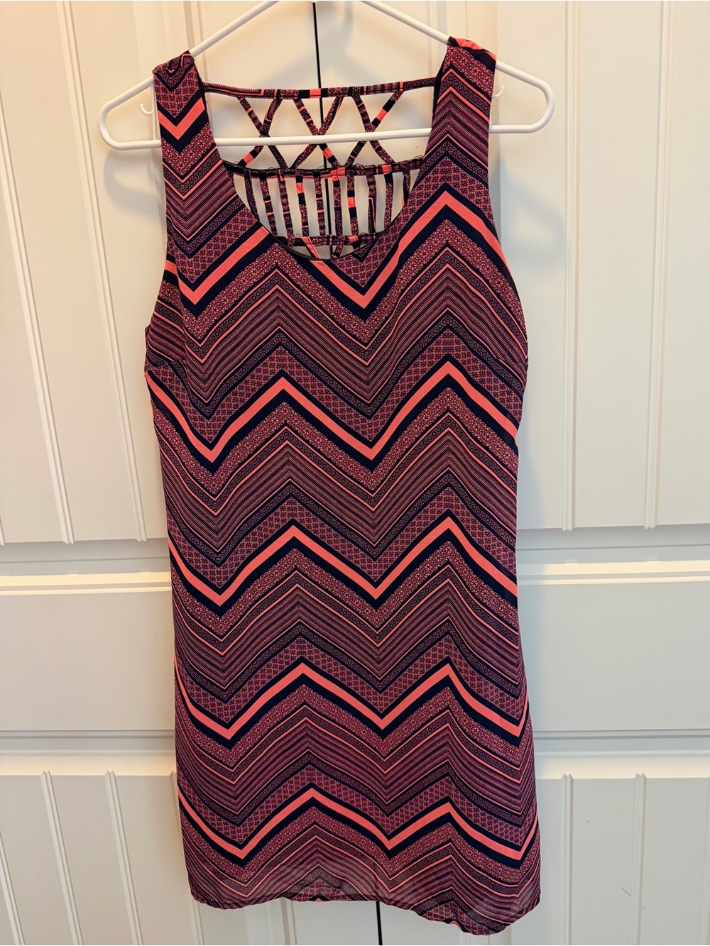 HeartSoul Pink & Black Chevron Mini Dress with Lattice Back